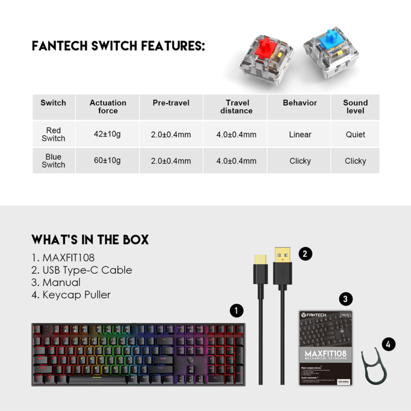 Tastatura Mehanicka Gaming Fantech MK855 RGB Maxfit 108 crna (Blue switch)