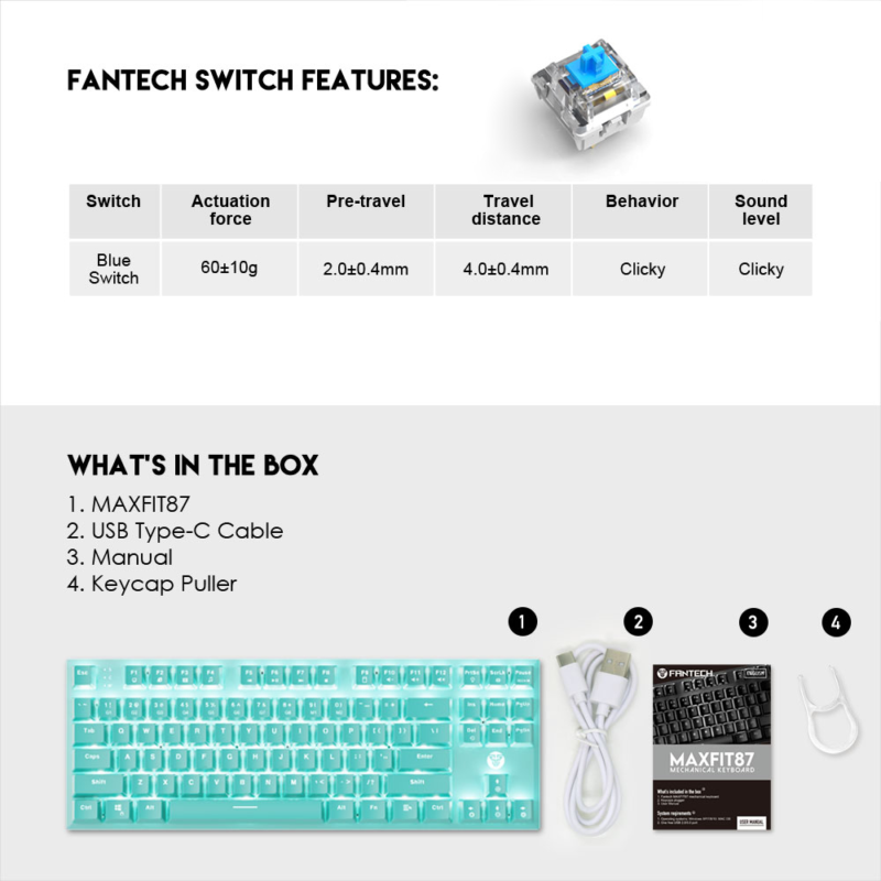 Tastatura Mehanicka Gaming Fantech MK856 RGB Maxfit 87(Blue switch) Mint Edition