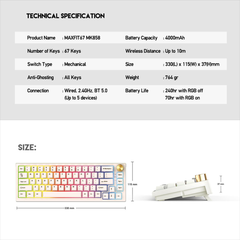 Tastatura Mehanicka Gaming Fantech MK858 RGB Maxfit67 Space Edition (white switch)