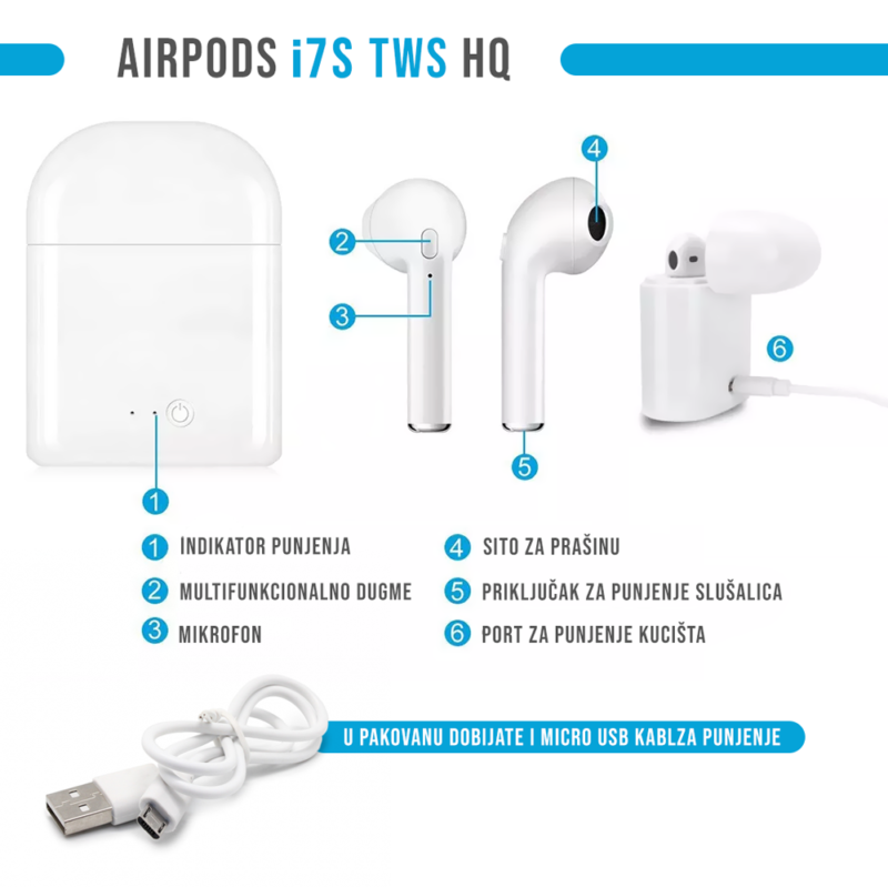 Bluetooth slusalice Airpods i7s TWS ljubicaste HQ