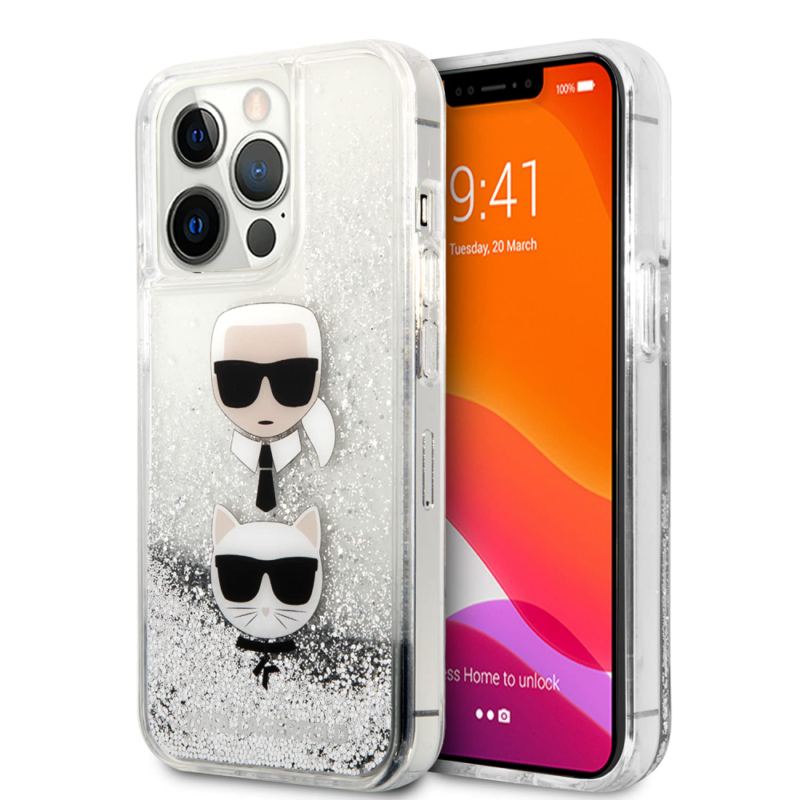 Maska Karl Lagerfeld Hc Liquid Glitter 2 Heads za iPhone 14 Pro 6.1 srebrna (KLHCP14LKICGLS)