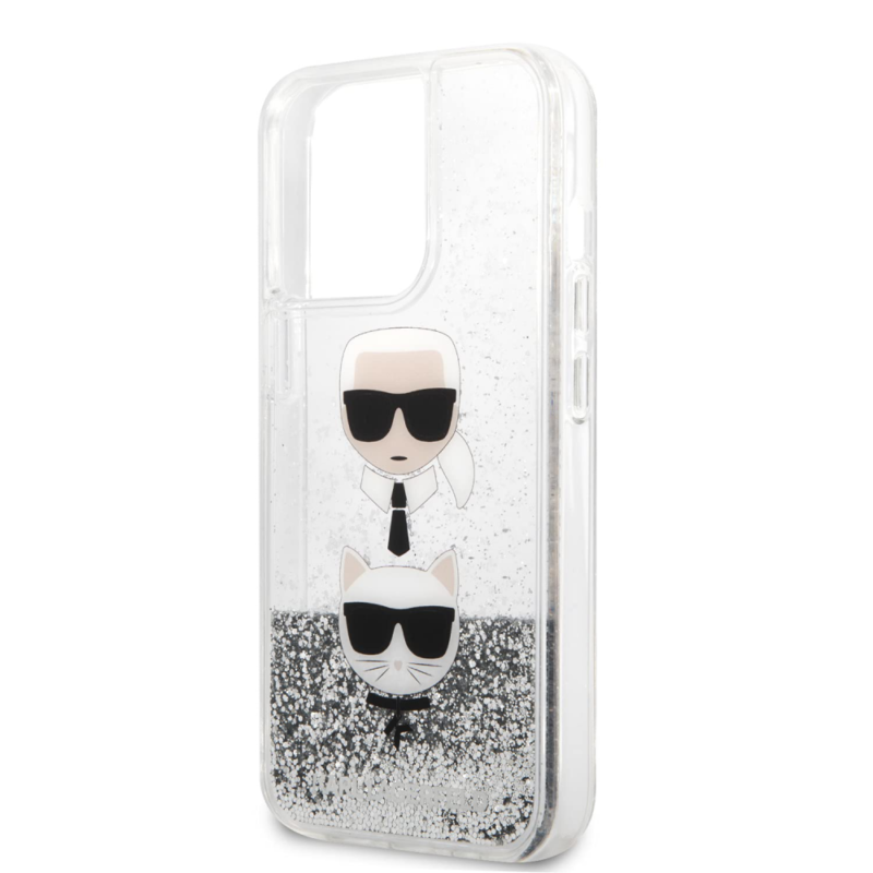Maska Karl Lagerfeld Hc Liquid Glitter 2 Heads za iPhone 14 Pro 6.1 srebrna (KLHCP14LKICGLS)