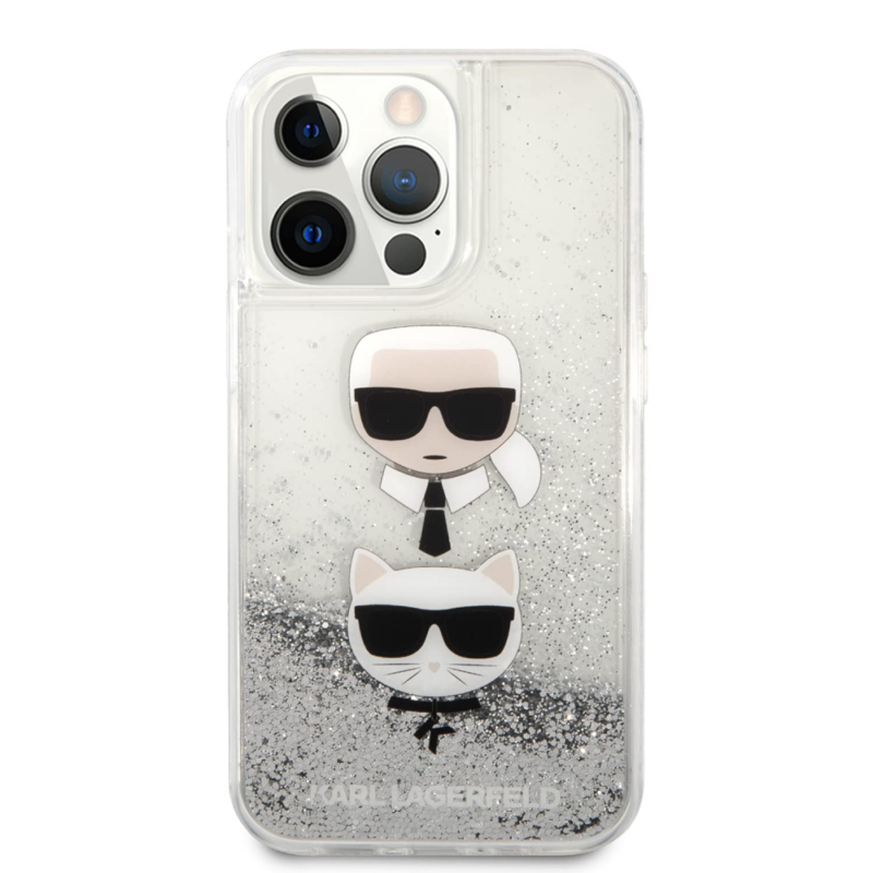 Maska Karl Lagerfeld Hc Liquid Glitter 2 Heads za iPhone 14 Pro Max 6.7 srebrna (KLHCP14XKICGLS)