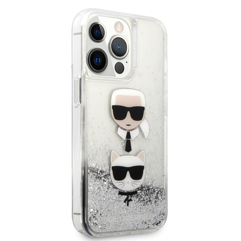Maska Karl Lagerfeld Hc Liquid Glitter 2 Heads za iPhone 14 Pro Max 6.7 srebrna (KLHCP14XKICGLS)