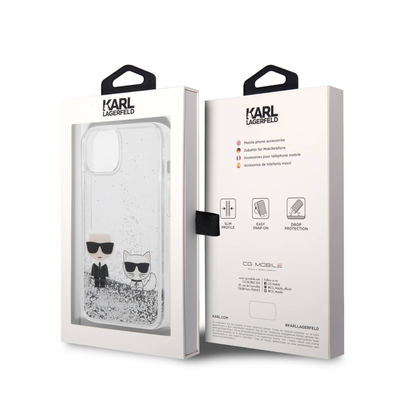 Maska Karl Lagerfeld Hc Liquid Glitter Karl&Choupette za iPhone 14 6.1 srebrna (KLHCP14SGKCS)