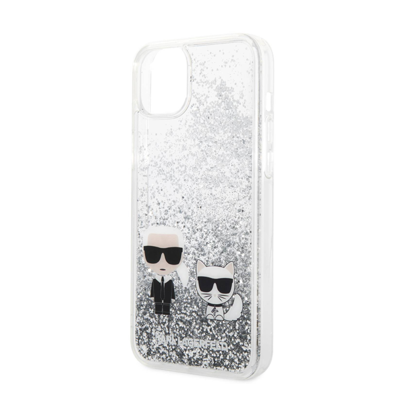 Maska Karl Lagerfeld Hc Liquid Glitter Karl&Choupette za iPhone 14 Plus 6.7 srebrna(KLHCP14MGKCS)