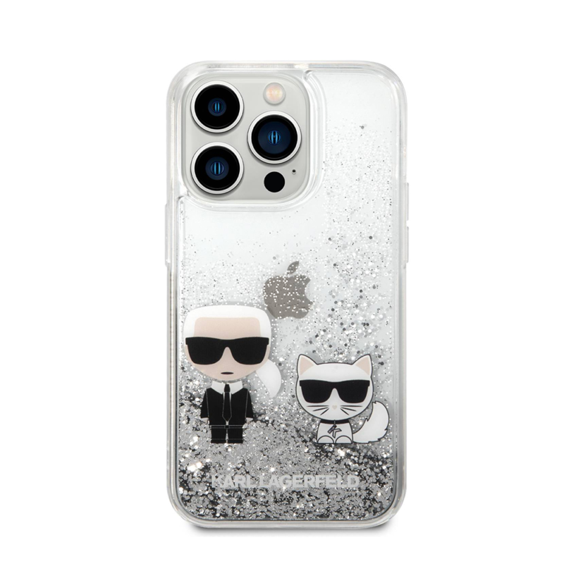 Maska Karl Lagerfeld Hc Liquid Glitter Karl&Choupette za iPhone 14 Pro 6.1 srebrna (KLHCP14LGKCS)