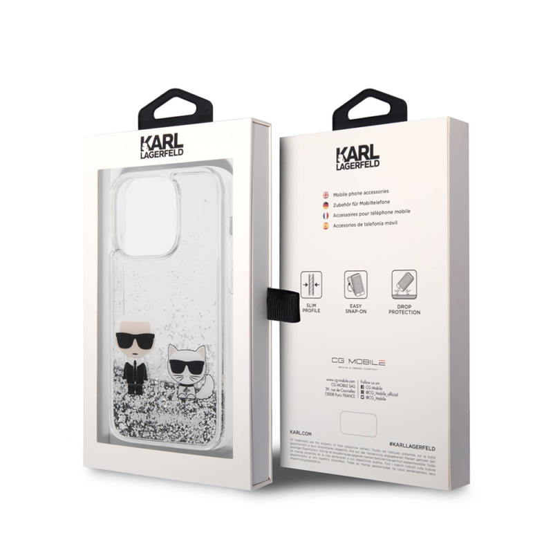 Maska Karl Lagerfeld Hc Liquid Glitter Karl&Choupette za iPhone 14 Pro 6.1 srebrna (KLHCP14LGKCS)