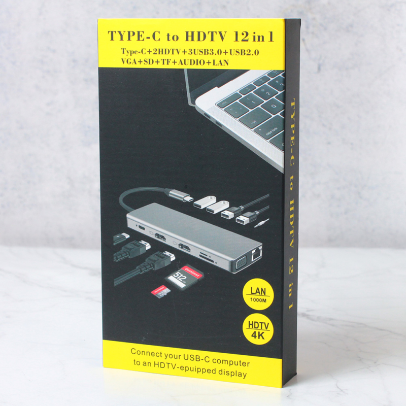 Adapter Type C na LAN Gb, SD card, TF, Type C, 3xUSB 3.0, USB 2.0, Audio, 2xHDMI i VGA 12 u 1 20cm kabl