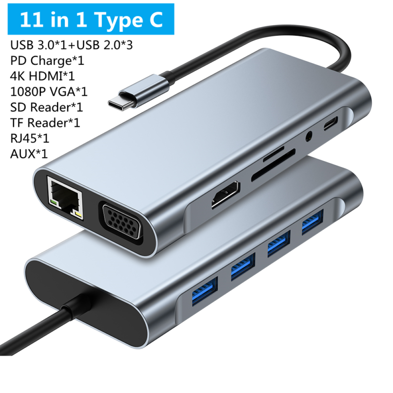 Adapter Type C na LAN Gb, SD card, TF, Type C, 4xUSB 3.0, Audio, HDMI i VGA 11 u 1 20cm kabl