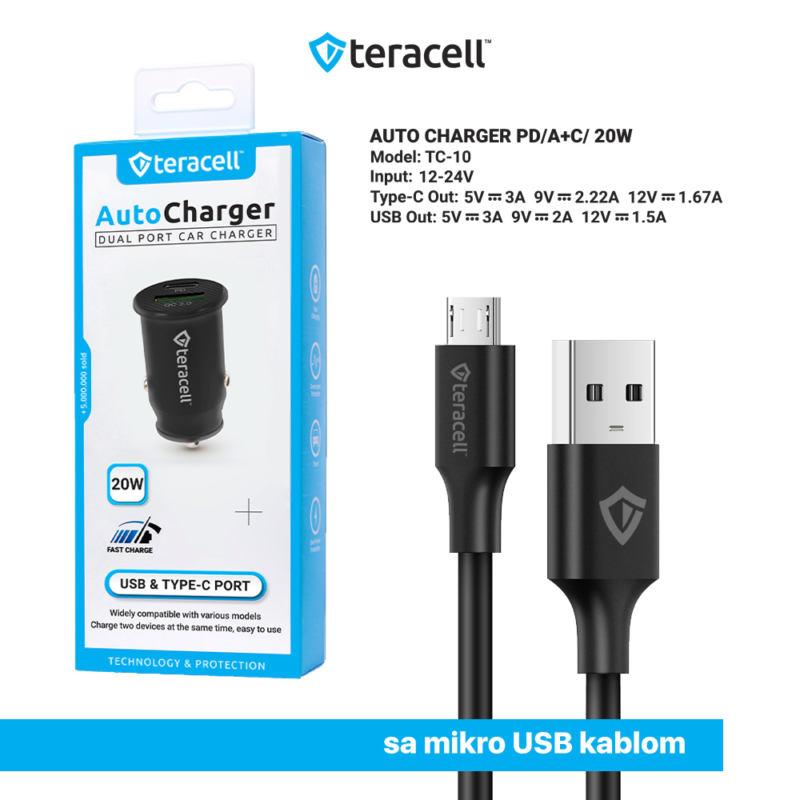 Auto punjac Teracell Evolution TC-10 PD 20W, USB QC3.0 15W sa micro USB kablom crni