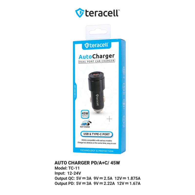Auto punjac Teracell Evolution TC-11 PD 22.5W + USB QC3.0 20W, 45W (total) crni