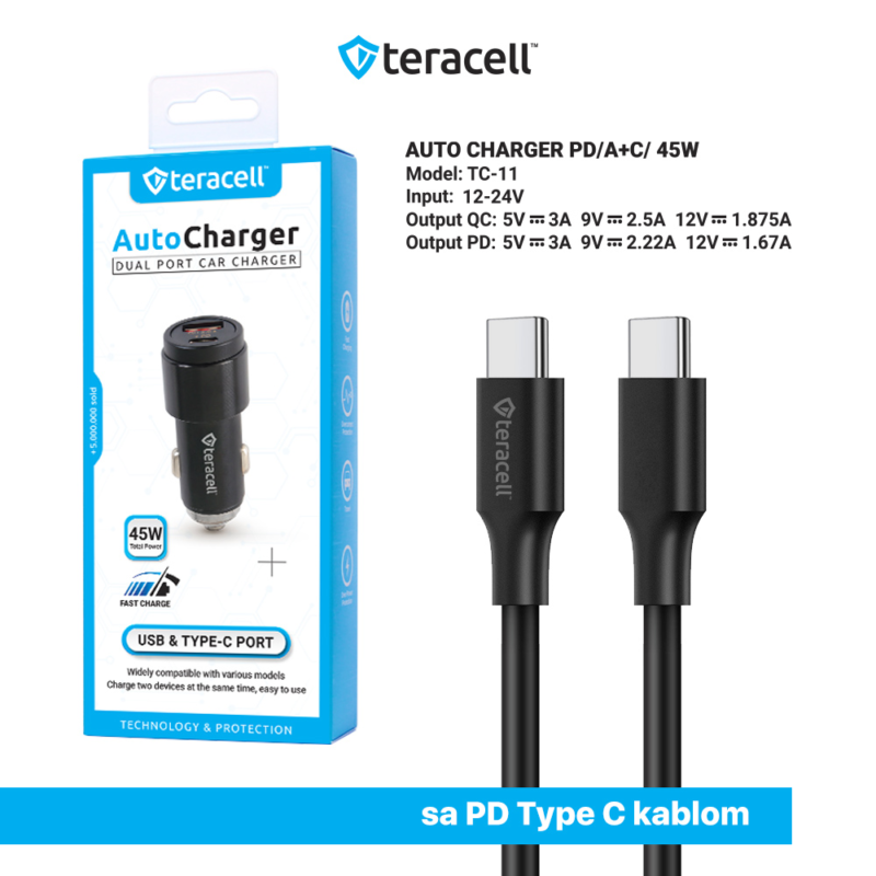 Auto punjac Teracell Evolution TC-11 PD 22.5W + USB QC3.0 20W, 45W (total) sa PD Type C kablom crni