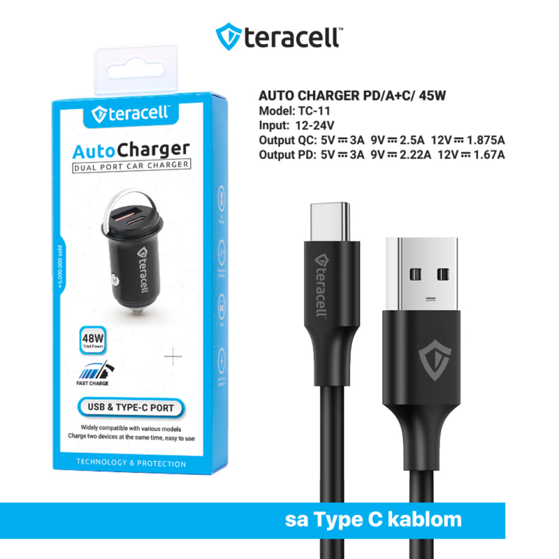 Auto punjac Teracell Evolution TC-11 PD 22.5W + USB QC3.0 20W, 45W (total) sa Type C kablom crni