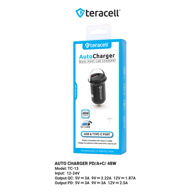 Auto punjac Teracell Evolution TC-13 PD 30W + USB QC3.0 18W, 48W (total) crni