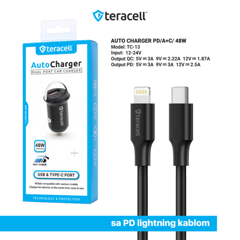 Auto punjac Teracell Evolution TC-13 PD 30W + USB QC3.0 18W, 48W (total) sa PD Lightning kablom crni