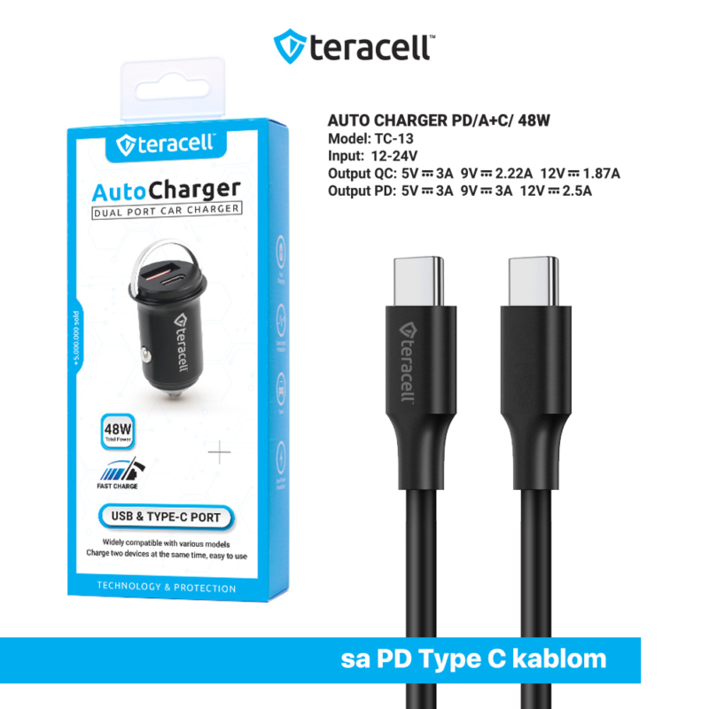 Auto punjac Teracell Evolution TC-13 PD 30W + USB QC3.0 18W, 48W (total) sa PD Type C kablom crni