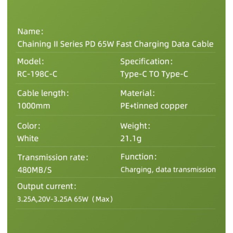 Data kabl REMAX Chaining Series II PD 65W Fast Charging RC-198 Type C na Type C beli