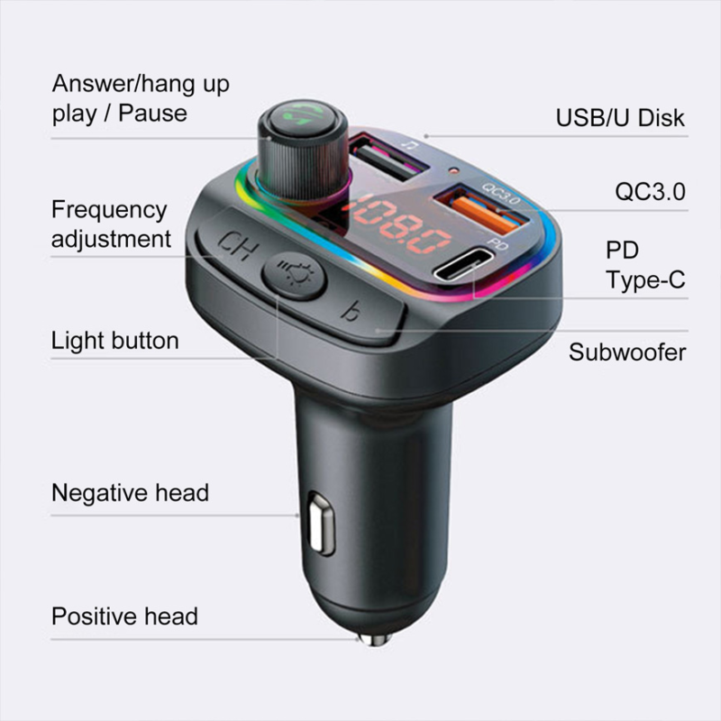 FM transmiter C15 USB, PD, QC 3.0 Bluetooth 5.0, RGB, handsfree crni
