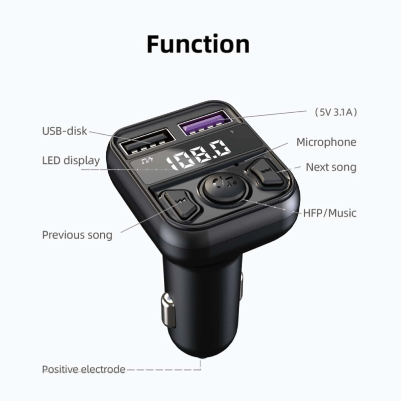 FM transmiter C44 USB, QC 3.0 Bluetooth 5.0, handsfree crni