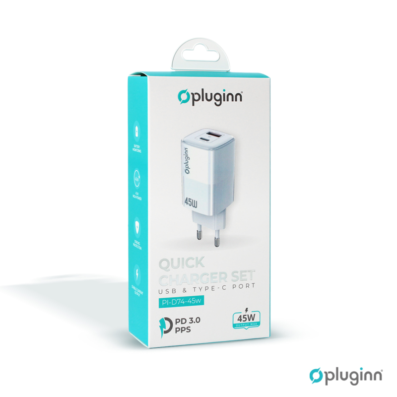 Kucni punjac Pluginn PI-D74-45w, GaN, QC3.0, PD3.0, PPS, USB 19W, PD 45W beli