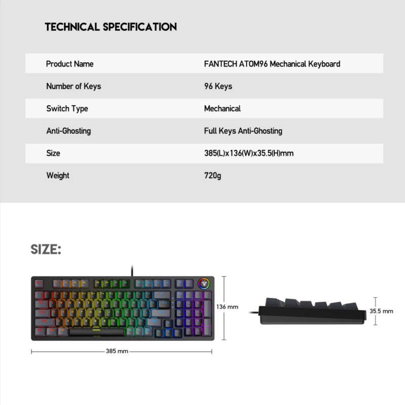 Tastatura Mehanicka Gaming Fantech MK890 RGB Atom 96 siva (Red switch)