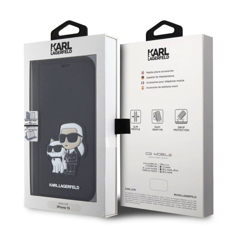 Maska Karl Lagerfeld Saffiano BP Nft Karl&Choupette za iPhone 15 6.1 crna (KLBKP15SSANKCPK)