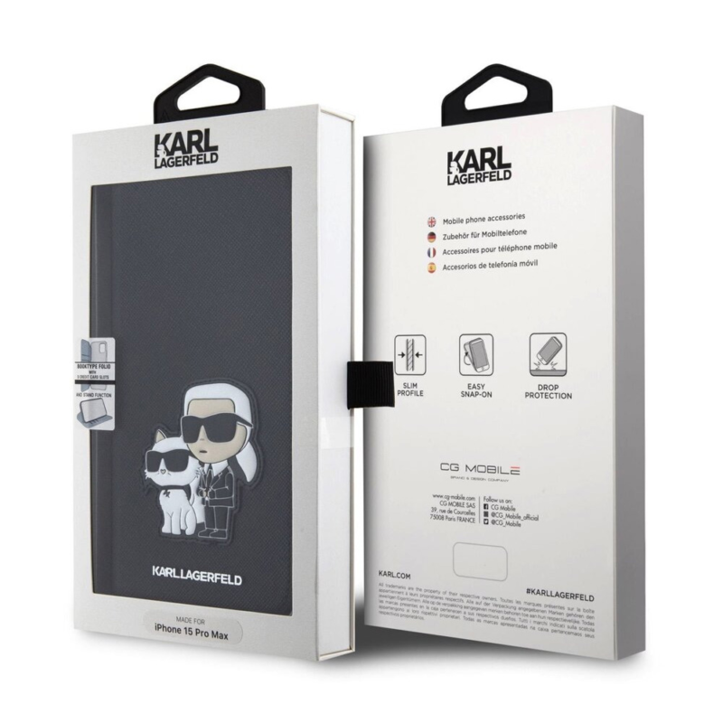 Maska Karl Lagerfeld Saffiano BP Nft Karl&Choupette za iPhone 15 Pro Max 6.7 crna (KLBKP15XSANKCPK)