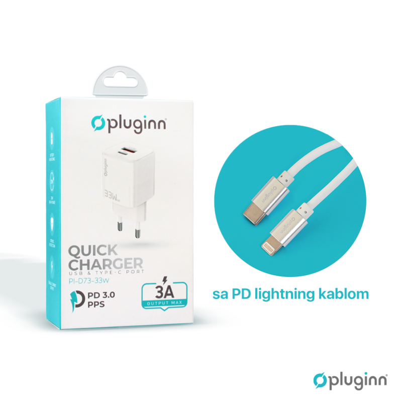 Kucni punjac Pluginn PI-D73-33w, QC3.0 PD3.0, PPS, USB-PD 20W+33W, 53W (total) sa PD iPhone lightning kablom beli