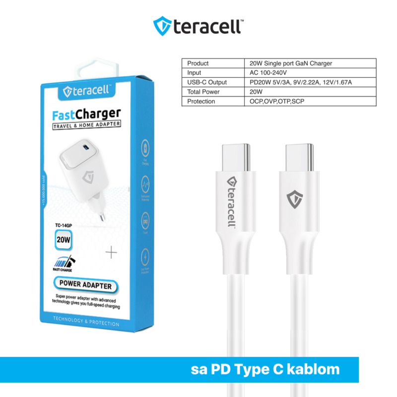 Kucni punjac Teracell Evolution TC-14GP, GaN, PD 3.0, 20W sa PD Type c kablom beli