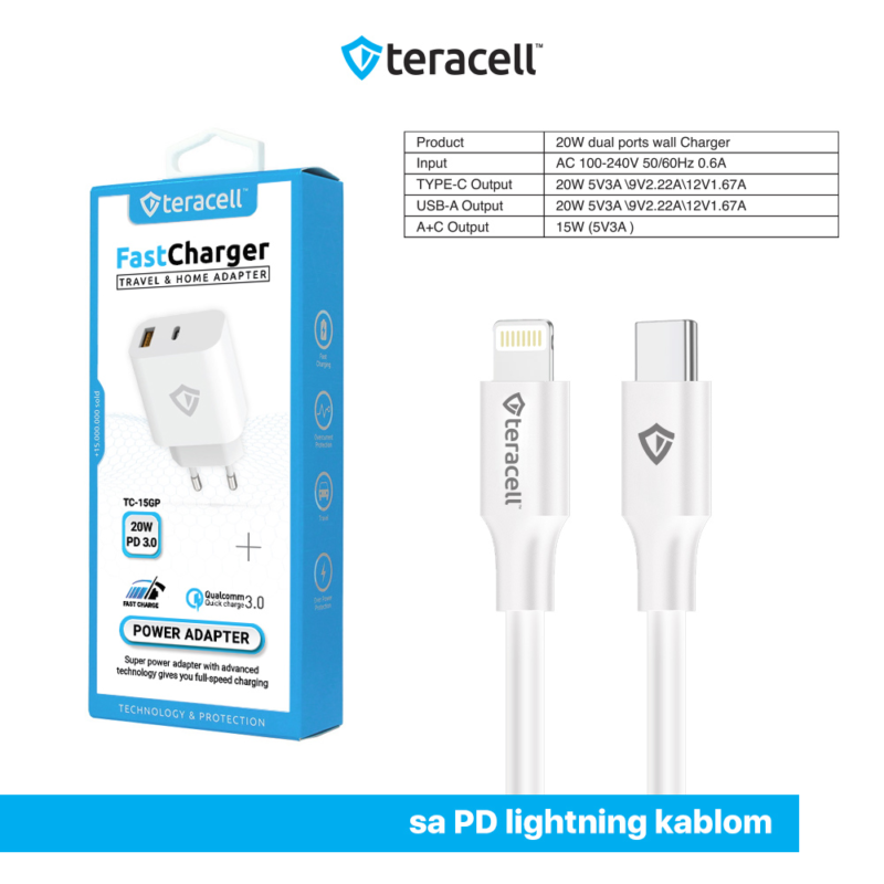 Kucni punjac Teracell Evolution TC-15GP, QC 3.0, PD 3.0, 20W sa PD iPhone lightning kablom beli