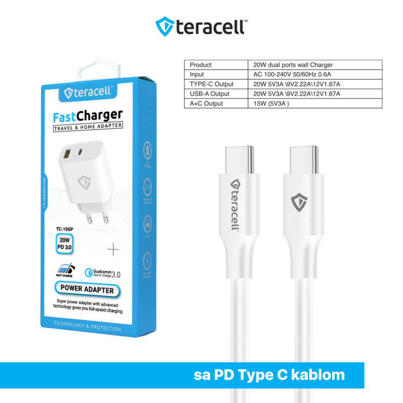 Kucni punjac Teracell Evolution TC-15GP, QC 3.0, PD 3.0, 20W sa PD Type c kablom beli