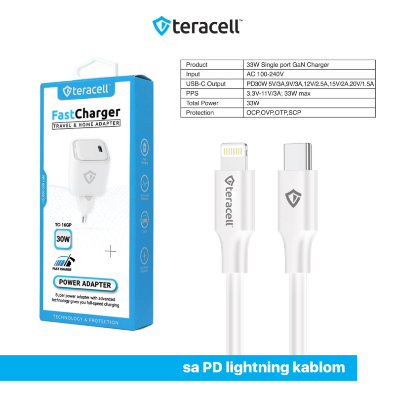 Kucni punjac Teracell Evolution TC-16GP, GaN, PD 3.0, 33W sa PD iPhone lightning kablom beli