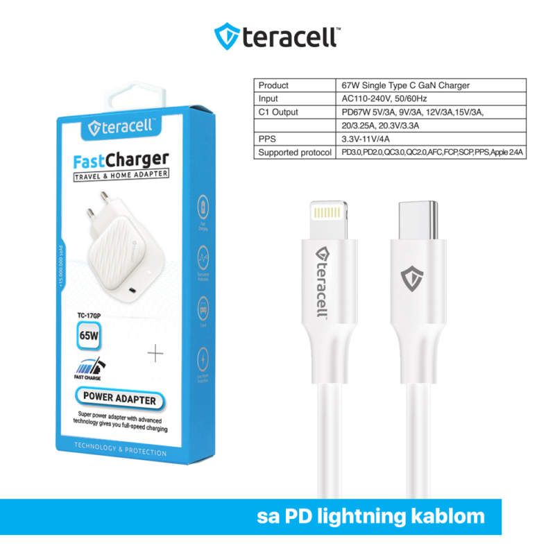 Kucni punjac Teracell Evolution TC-17GP, GaN, PPS, PD 3.0, 67W sa PD iPhone lightning kablom beli